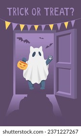 Halloween greeting card with black cat on it. Black cat in costume of ghost stands infront of the door, asking for treats with the phrase trick or treat