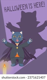 Halloween greeting card with black cat on it. Black cat is in vampire costume celebrating Halloween.