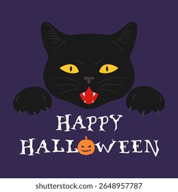 Cartão de saudação de Halloween com cara de gato preto com presas e garras afiadas. Gato vampiro. Ilustração vetorial