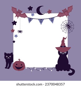 Halloween greeting card with black cats, bats; spiders, pumpkin and squared blank space. Festive Halloween frame. Vector illustration