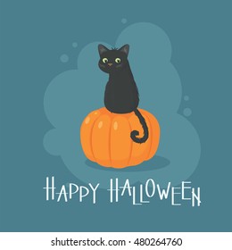 Halloween Greeting Card with a black kitten sitting on a pumpkin, with a lettering Happy Halloween below, a single composition in a blue frame on a dark blue background. Vector illustration.