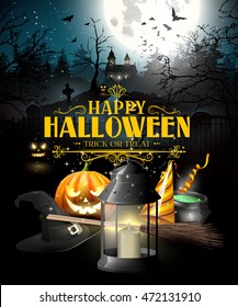 Halloween greeting card with black lantern, lights and wooden sign in front of old church