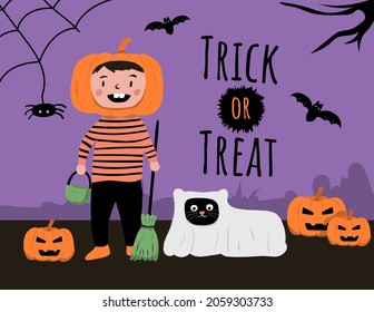 Halloween greeting card with boy illustration is going to celebrate halloween with his cat in ghost costume. greeting card, website banner and other