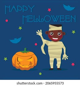 A Halloween greeting card! A boy in a mummy costume! Next to him is a classic burning festive pumpkin. There are stars and bats around. The inscription "Happy Halloween"!
