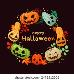 Halloween greeting card with bright pumpkins. Cartoon style