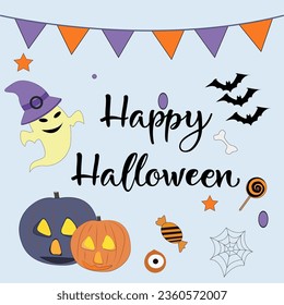 halloween greeting card, broom, pumpkins, ghost