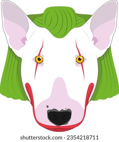 Halloween greeting card. Bull Terrier dog dressed as a scary clown