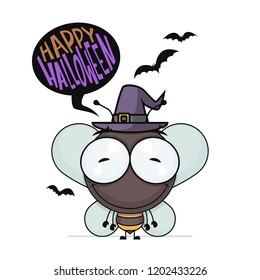 Halloween greeting card with cartoon bee. Vector illustration.