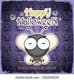 Halloween greeting card with cartoon bee. Vector illustration.