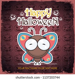 Halloween greeting card with cartoon butterfly. Vector illustration.