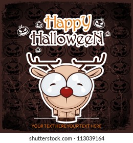 Halloween greeting card with cartoon deer. Vector illustration.