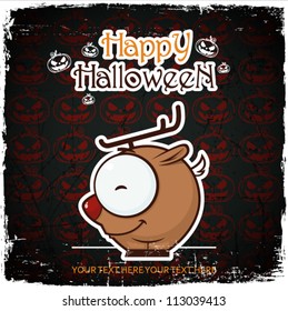 Halloween greeting card with cartoon deer. Vector illustration.