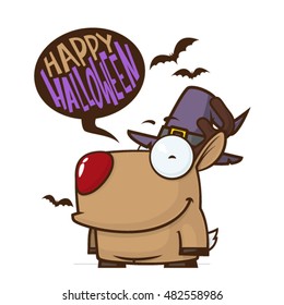 Halloween greeting card with cartoon deer. Vector illustration.