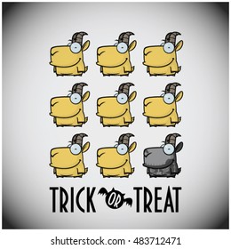 Halloween greeting card with cartoon goat. Vector illustration.