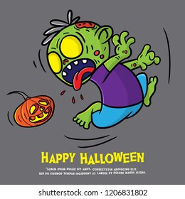 halloween greeting card with cartoon illustration, zombie character, poster or banner design