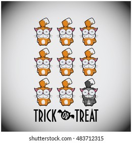 Halloween greeting card with cartoon kitty. Vector illustration.