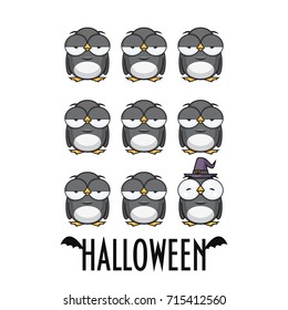 Halloween greeting card with cartoon penguin. Vector illustration.