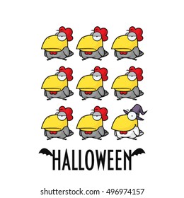 Halloween greeting card with cartoon rooster. Vector illustration.