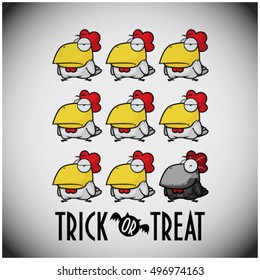 Halloween greeting card with cartoon rooster. Vector illustration.
