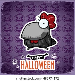 Halloween greeting card with cartoon rooster. Vector illustration.