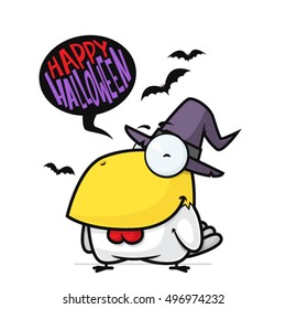 Halloween greeting card with cartoon rooster. Vector illustration.