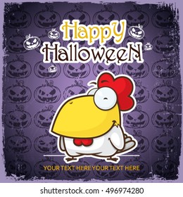 Halloween greeting card with cartoon rooster. Vector illustration.