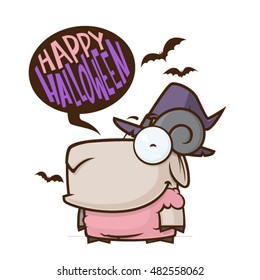 Halloween greeting card with cartoon sheep. Vector illustration.