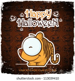 Halloween greeting card with cartoon tiger. Vector illustration.