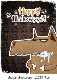 Halloween greeting card with cartoon wolf. Vector illustration.
