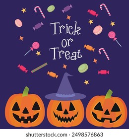 Halloween greeting card with carved pumpkins, candies, and a witch hat with Trick or Treat text. Design for festive decoration, greeting card, party invitation, poster, banner and social media post