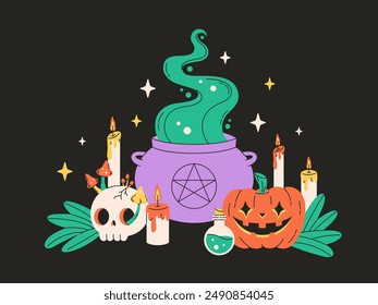 Halloween greeting card with cauldron with potion, skull, pumpkin, candles. Vector illustration in flat style