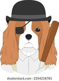 Halloween greeting card. Cavalier King Charles Spaniel dog with bowler hat, patch, white shirt with suspenders, and a baseball bat