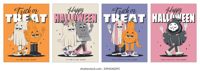 Halloween greeting card collection. Posters with retro groovy characters. Pumpkin, ghost, death, tombstone. Happy halloween and trick or treat. For invitation, flyer, social media post, banner. 