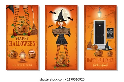 Halloween greeting card collection. Set of orange vertical banners for Halloween. Eat, drink, be scared. Vector illustration