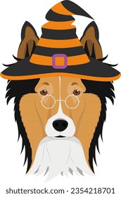 Halloween greeting card. Collie Rough dressed as a witch with glasses and black and orange hat