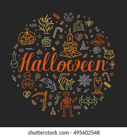 Halloween greeting card. Colorful Halloween postcard on grey background. Hand drawn halloween icons and symbol: castle, pumpkin, skeleton, trick or treat, spider. Vector illustration art for Halloween