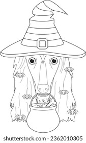 Halloween greeting card for coloring. Afghan Hound dog dressed as a witch with hat, a cauldry in the mouth and spiders falling from the hair
