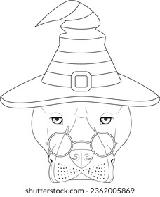 Halloween greeting card for coloring. American Staffordshire Terrier dog dressed as a witch with glasses and hat