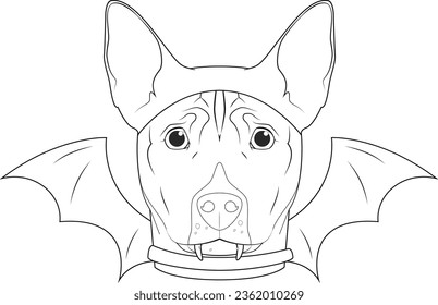 Halloween greeting card for coloring. Basenji dog dressed as a bat with costume ears and wings