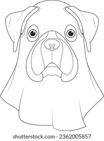 Halloween greeting card for coloring  Boxer dog dressed as ghost