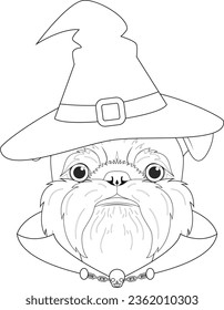 Halloween greeting card for coloring. Brussels Griffon dog dressed as a witch with hat, cape, and a little chain necklace with a skull