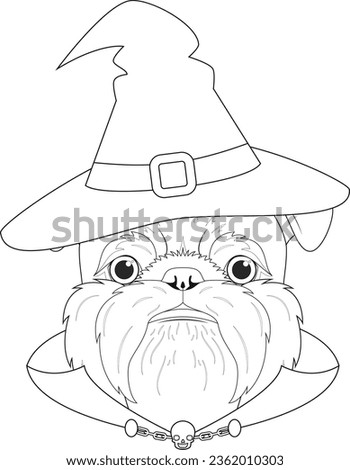 Halloween greeting card for coloring. Brussels Griffon dog dressed as a witch with hat, cape, and a little chain necklace with a skull