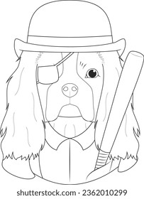 Halloween greeting card for coloring. Cavalier King Charles Spaniel dog with bowler hat, patch, shirt with suspenders, and a baseball bat