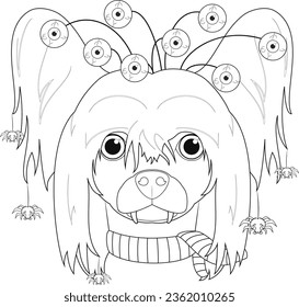 Halloween greeting card for coloring. Chinese Crested Dog dressed with terrifying eyes, several spiders falling from the hair and scarf