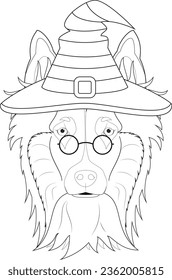 Halloween greeting card for coloring. Collie Rough dressed as a witch with glasses and hat