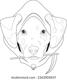 Halloween greeting card for coloring. Dalmatian dog dressed with hood and a small scythe in the mouth