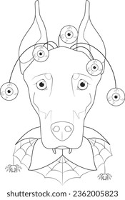 Halloween greeting card for coloring. Doberman dog dressed with terrifying eyes and a spider web collar