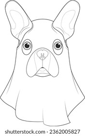 Halloween greeting card for coloring. French Bulldog dog dressed as a ghost