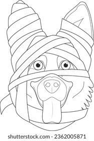 Halloween greeting card for coloring. German Shepherd dog dressed as a mummy