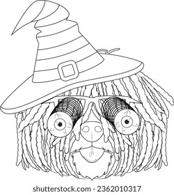 Halloween greeting card for coloring. Puli dog dressed as a witch with hat and glasses with terrifying googly eyes